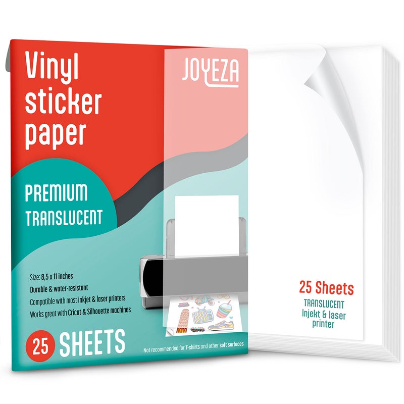 JOYEZA Premium Printable Vinyl Clear Sticker Paper for Inkjet Printer - 25 Sheets Translucent Waterproof, Dries Quickly Vivid Colors, Holds Ink Well - Inkjet & Laser Printer - Image 1